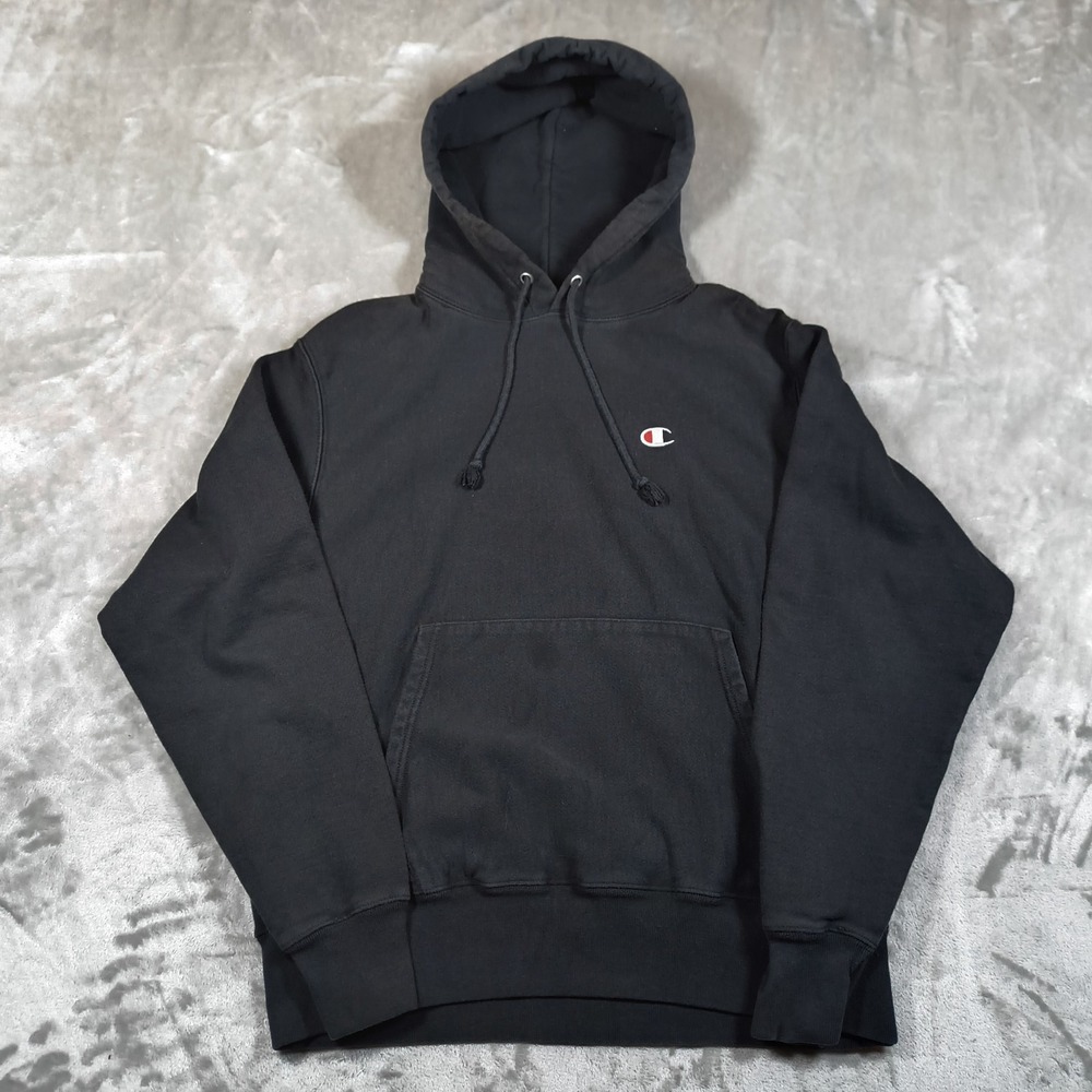 Vintage Champion Hoodie Men Medium Black Reverse Weave Pullover Logo Embroidered